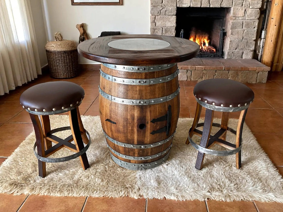 Oak Barrel Pub Table Set, Counter Height Wood Glass Top, Cabinet Storage, Bar Stools, Home Bar, Man Cave - Handmade from Family Business