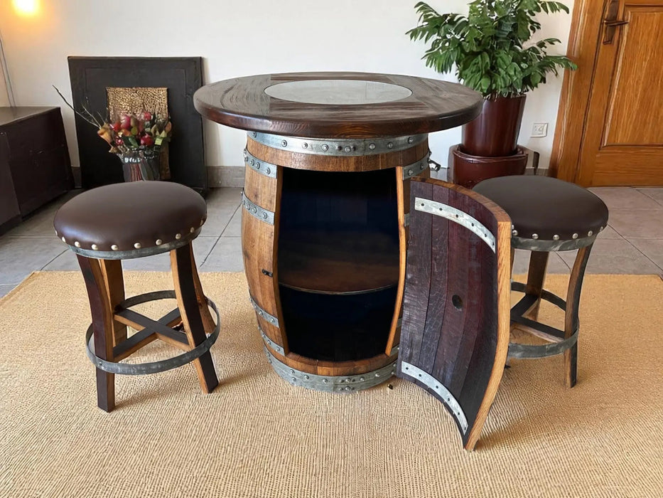 Oak Barrel Pub Table Set, Counter Height Wood Glass Top, Cabinet Storage, Bar Stools, Home Bar, Man Cave - Handmade from Family Business