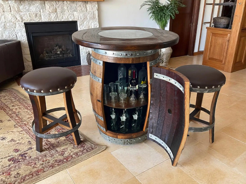 Table Top with Glass Center for Whiskey or Wine Barrel, Reclaimed Rustic, Elegant Style, Hand Wire Brushed Solid Wood -