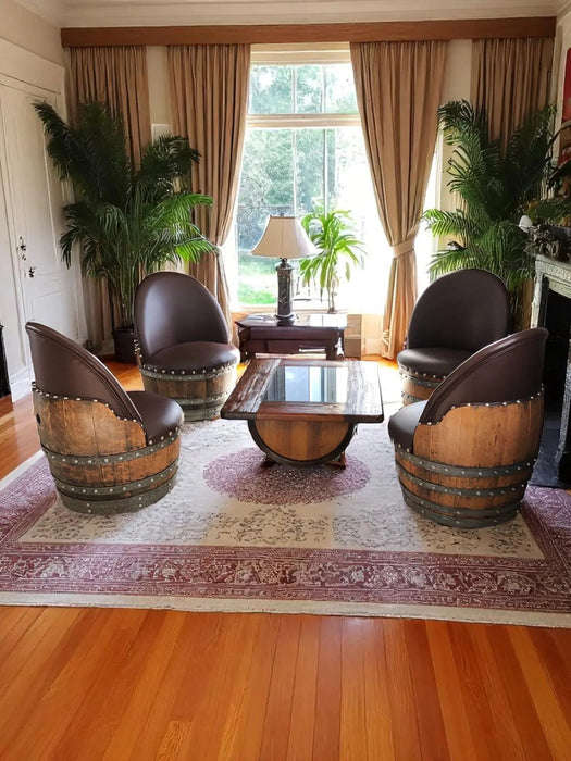 Wine Barrel Coffee Table Set with 4 Chairs - Rustic Whiskey Barrel Furniture Set - Handmade Solid Oak -