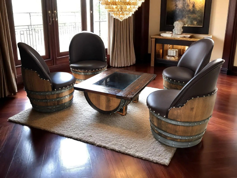 Wine Barrel Coffee Table Set with 4 Chairs - Rustic Whiskey Barrel Furniture Set - Handmade Solid Oak -