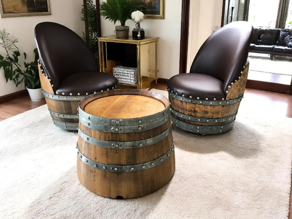 Wine Barrel Round Coffee Table Set with 2 Chairs - Rustic Whiskey Barrel Furniture Set - Handmade Solid Oak -