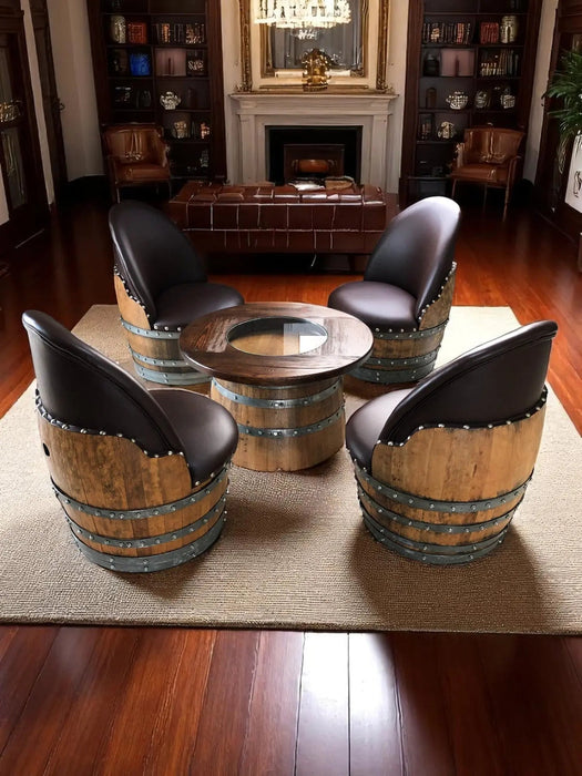 Wine Barrel Full Round Coffee Table Set with 4 Chairs - Rustic Whiskey Barrel Furniture Set - Handmade Solid Oak -
