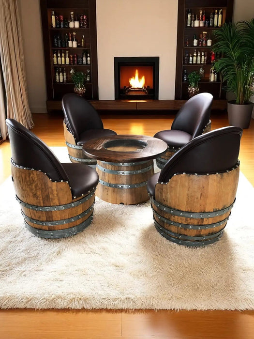 Wine Barrel Full Round Coffee Table Set with 4 Chairs - Rustic Whiskey Barrel Furniture Set - Handmade Solid Oak -