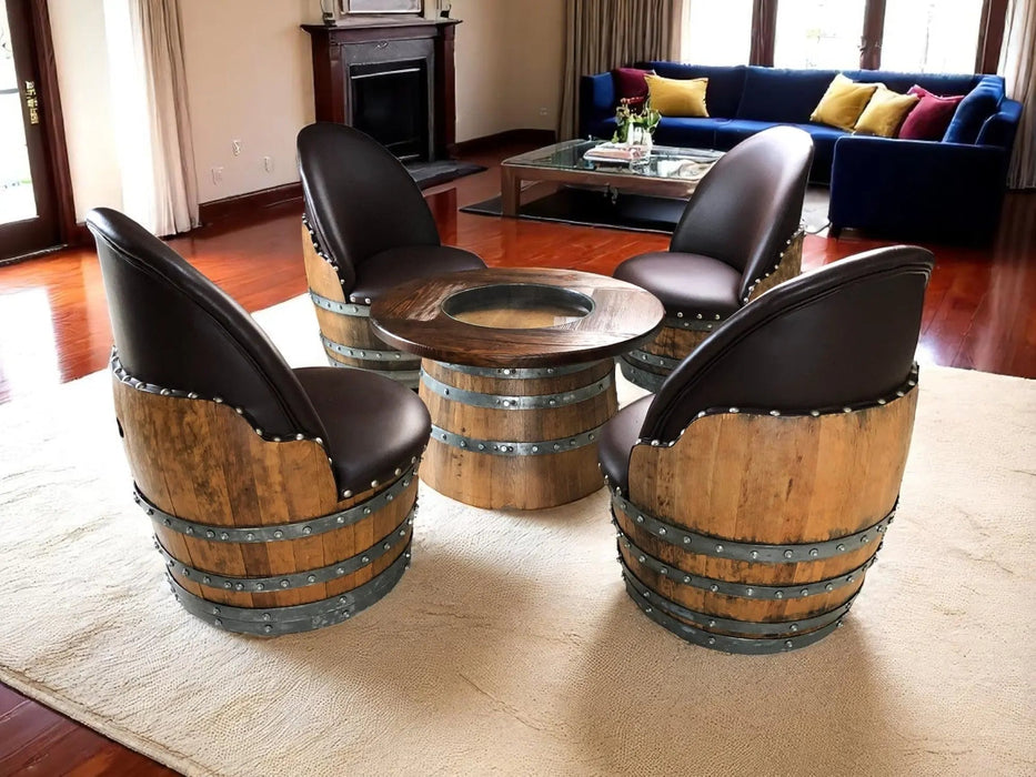 Wine Barrel Full Round Coffee Table Set with 4 Chairs - Rustic Whiskey Barrel Furniture Set - Handmade Solid Oak -