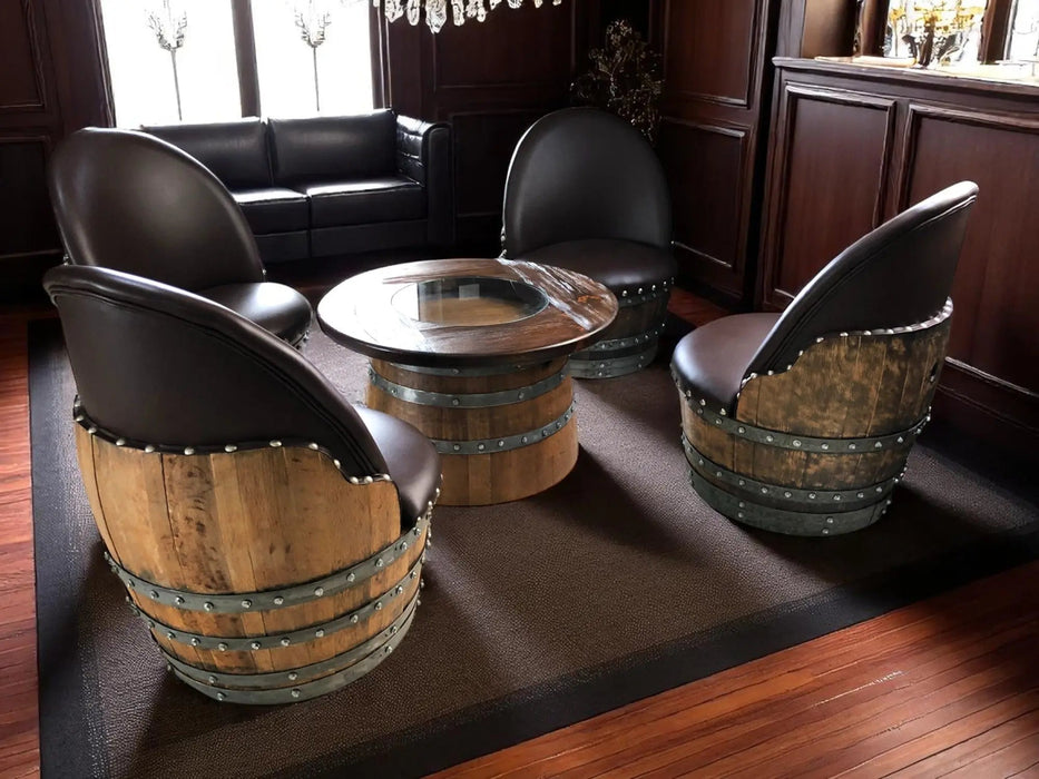 Wine Barrel Full Round Coffee Table Set with 4 Chairs - Rustic Whiskey Barrel Furniture Set - Handmade Solid Oak -
