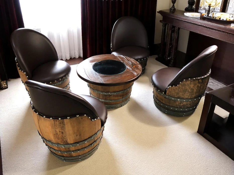 Wine Barrel Full Round Coffee Table Set with 4 Chairs - Rustic Whiskey Barrel Furniture Set - Handmade Solid Oak -