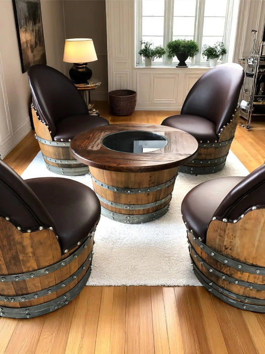 Wine Barrel Full Round Coffee Table Set with 4 Chairs - Rustic Whiskey Barrel Furniture Set - Handmade Solid Oak -