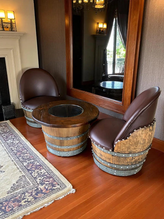 Wine Barrel Full Round Coffee Table Set with 2 Chairs - Rustic Whiskey Barrel Furniture Set - Handmade Solid Oak -