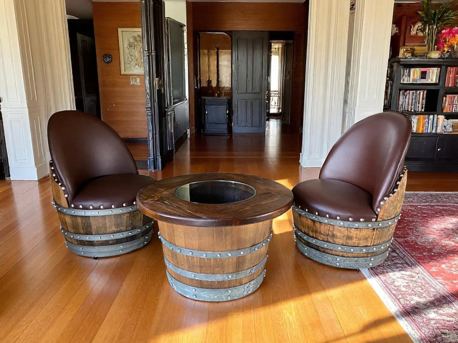 Wine Barrel Full Round Coffee Table Set with 2 Chairs - Rustic Whiskey Barrel Furniture Set - Handmade Solid Oak -