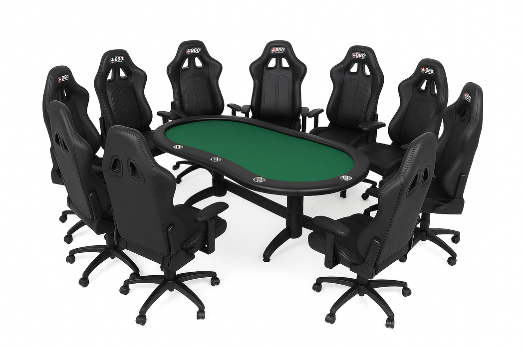BBO Poker Tables - Prestige X Complete Set w/Premium Speed Cloth, 10 Showdown Chairs, Stainless Steel Cupholders, and 350pc Pro Dealer Tray