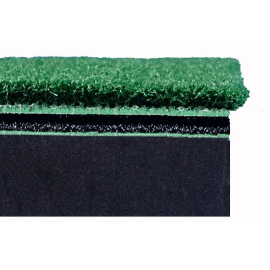 Green artificial grass with black backing on a white background