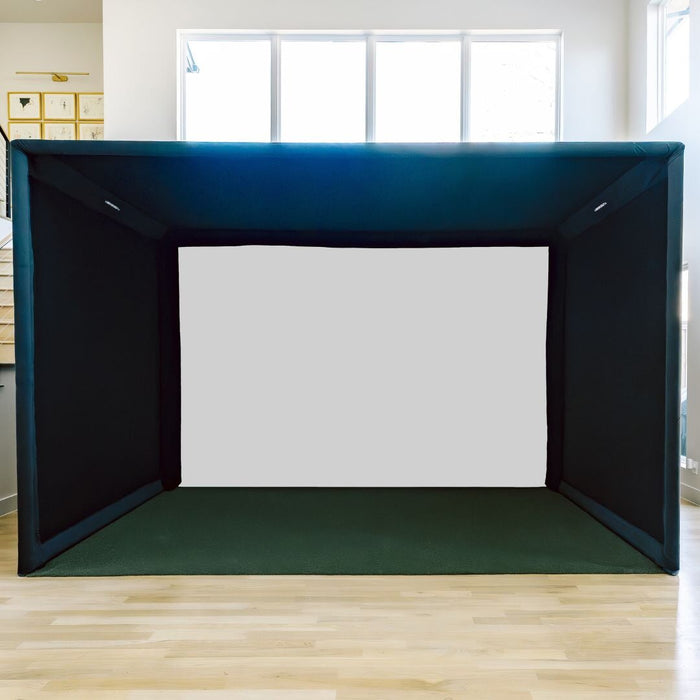Golf Simulator booth with white screen, green artificial grass, and black surround