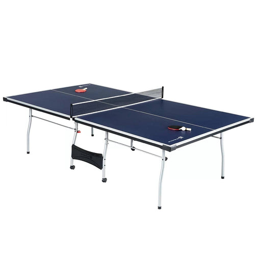 Blue ping pong table with paddles and balls on a white background