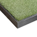 Close-up of a green artificial grass mat with a black border on a white background