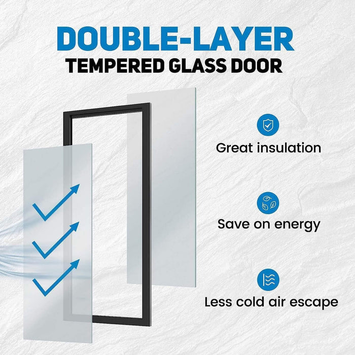 Double-layer tempered glass door with insulation benefits on a textured white background