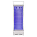 White vertical refrigerator with blue interior light on a white background