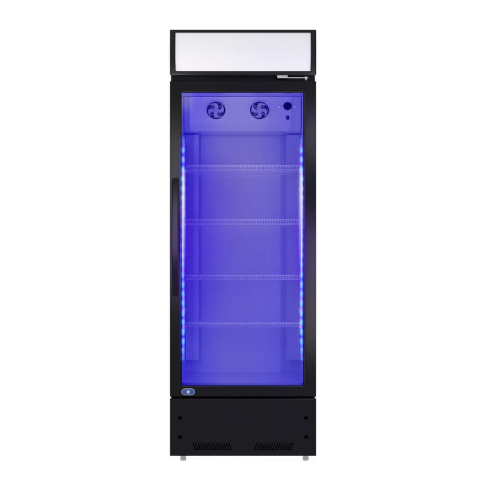 Black refrigerator with blue interior on a white background