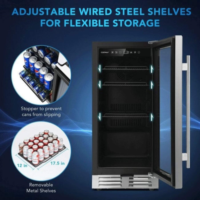 Beverage cooler with adjustable wired steel shelves on a blue background