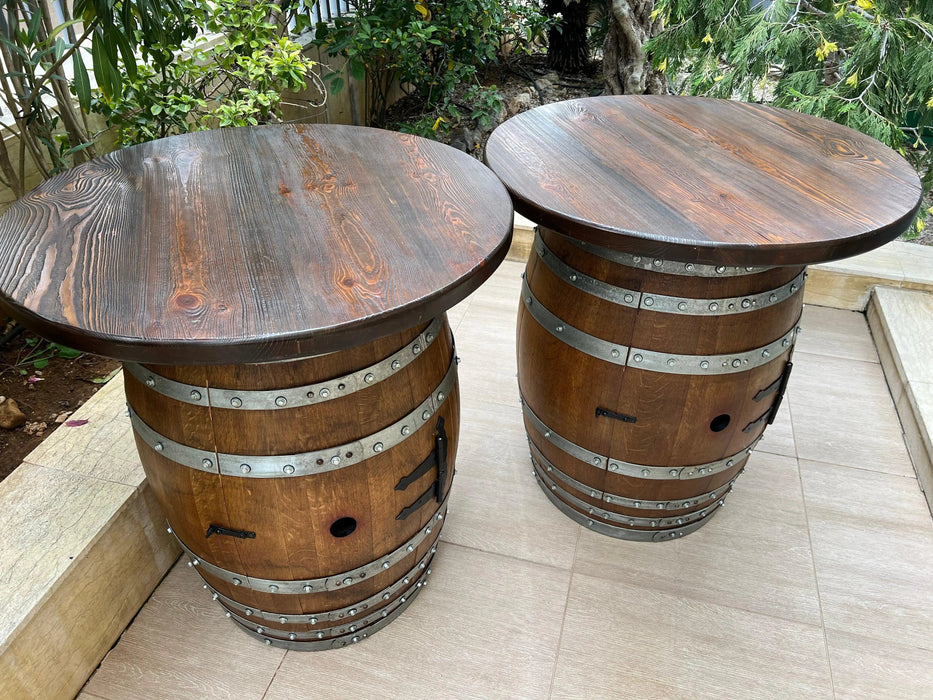 Double Oak Barrel Pub Table Set, Bourbon Wine Barrel, Door Storage Shelf, Barrel Bar Cabinet, Whiskey Barrel Bar, Wine Barrel Cabinet