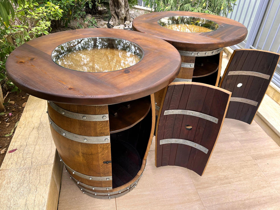 Double Oak Barrel Pub Table Set, Bourbon Wine Barrel, Door Storage Shelf, Barrel Bar Cabinet, Whiskey Barrel Bar, Wine Barrel Cabinet