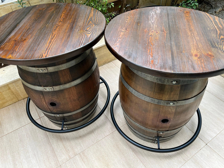 Double Oak Barrel Bistro Pub Table Set, Bourbon Wine Barrel, Footrail Footrest Comfort, Barrel Bar, Whiskey Barrel Bar, Wine Barrel Cabinet