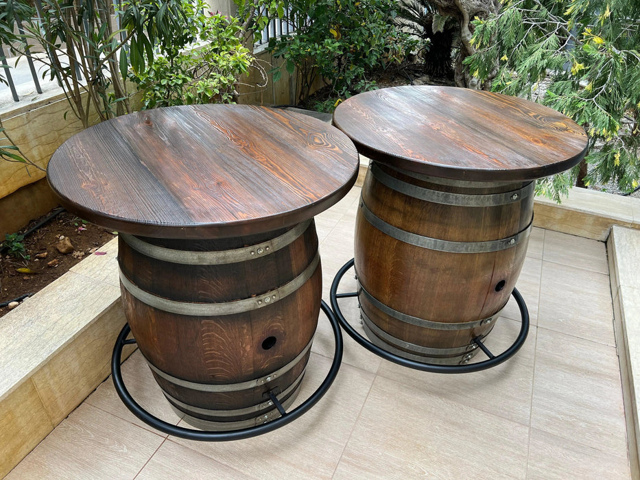 Double Oak Barrel Bistro Pub Table Set, Bourbon Wine Barrel, Footrail Footrest Comfort, Barrel Bar, Whiskey Barrel Bar, Wine Barrel Cabinet
