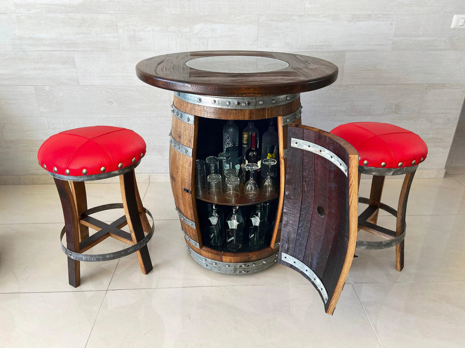 Oak Barrel Pub Table Set, Limited Colorways, Counter Height Wood Glass Top, Cabinet Storage, Bar Stools, Home Bar, Man Cave - Handmade from Family Business