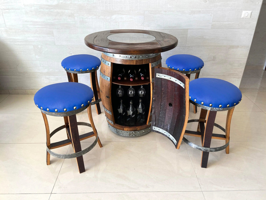 Oak Barrel Pub Table Set, Limited Colorways, Counter Height Wood Glass Top, Cabinet Storage, Bar Stools, Home Bar, Man Cave - Handmade from Family Business