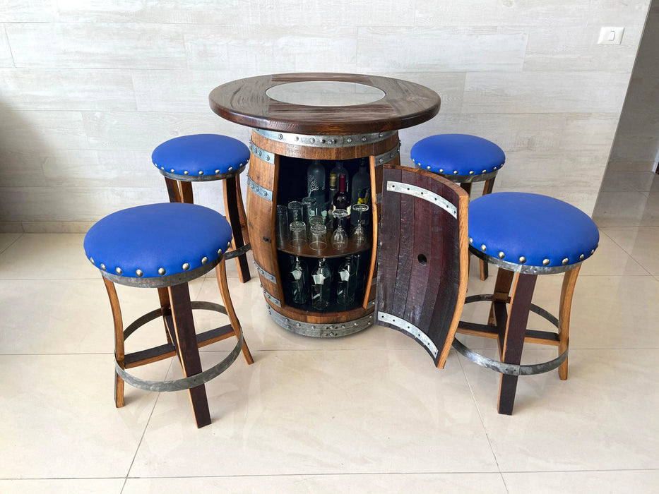 Oak Barrel Pub Table Set, Limited Colorways, Counter Height Wood Glass Top, Cabinet Storage, Bar Stools, Home Bar, Man Cave - Handmade from Family Business