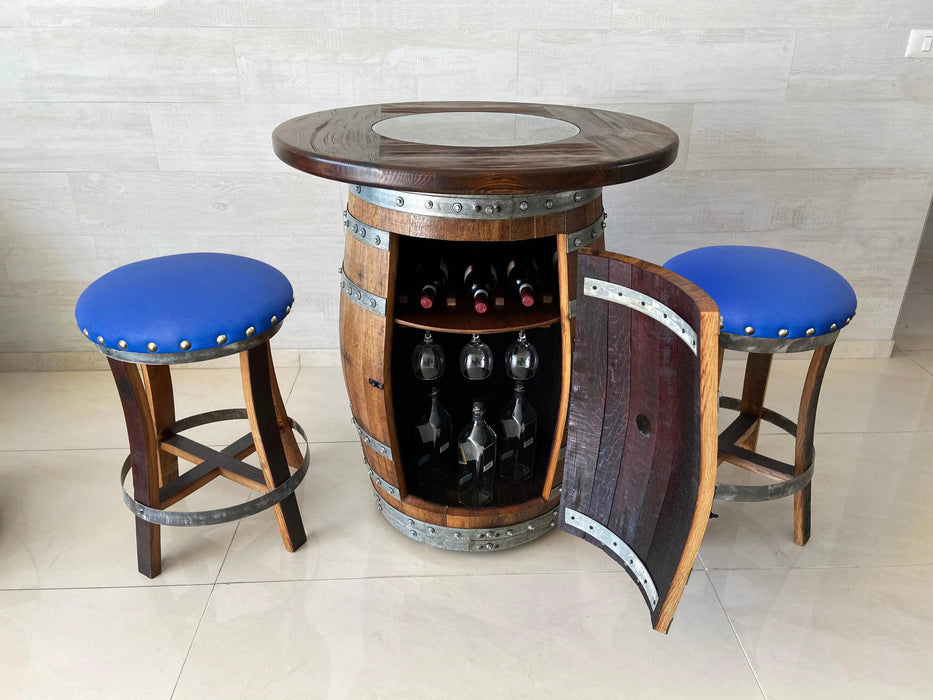 Oak Barrel Pub Table Set, Limited Colorways, Counter Height Wood Glass Top, Cabinet Storage, Bar Stools, Home Bar, Man Cave - Handmade from Family Business