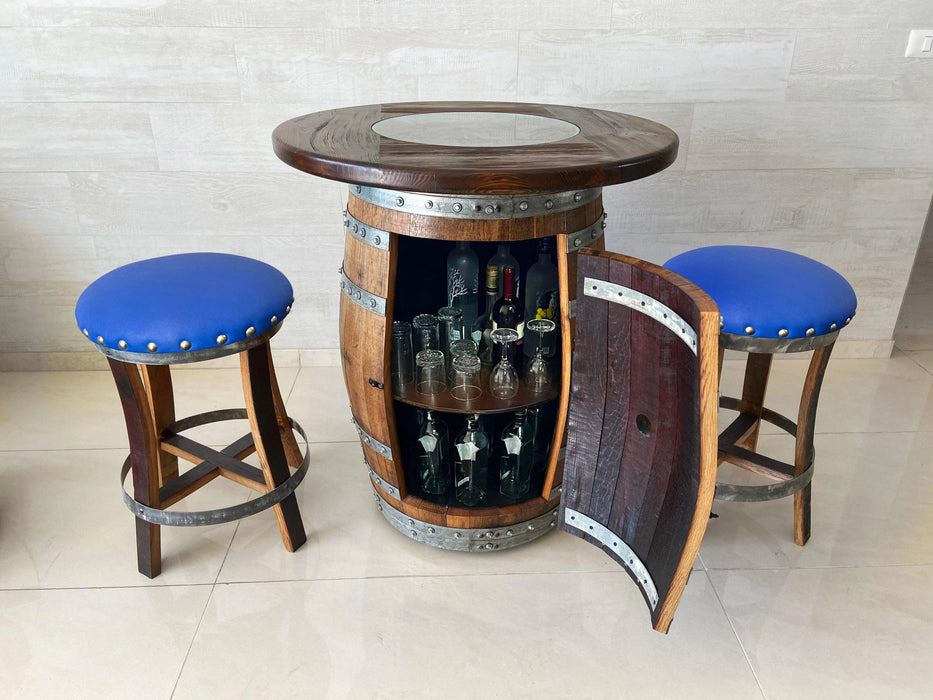 Oak Barrel Pub Table Set, Limited Colorways, Counter Height Wood Glass Top, Cabinet Storage, Bar Stools, Home Bar, Man Cave - Handmade from Family Business