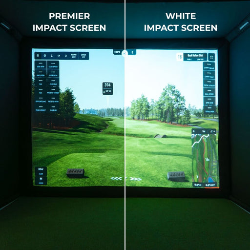 Comparison of Premier Impact Screen and White Impact Screen on a golf simulator display.