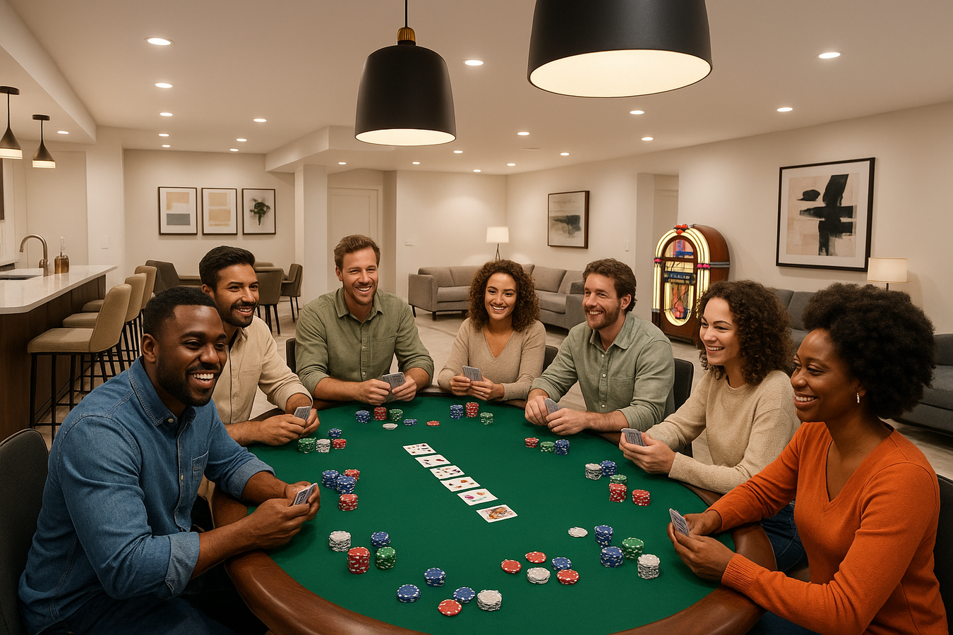 please brighten the space, place the friends all the way around the table, show more of the rest of the game room, with a bar, classy juke box, and a little more modern game room space that you might see in a vacation rental or home