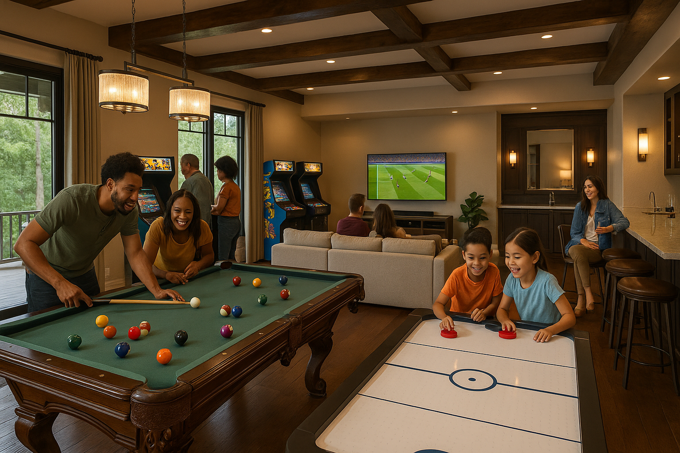 please create the ultimate vacation rental game room and family luxury entertainment space with a small, but diverse, group of family and friends enjoying the space