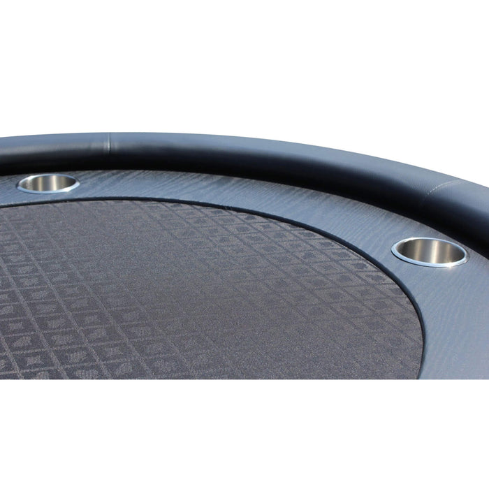 Close-up of a gray poker table with a black rim on a white background