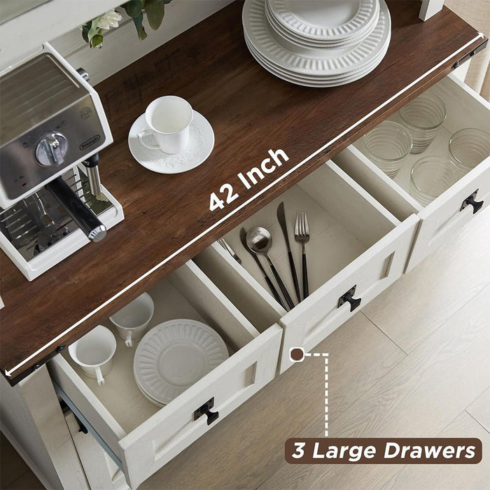 Kitchen counter with a coffee machine, plates, and cutlery, featuring '42 Inch' and '3 Large Drawers' text.