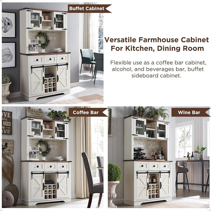 Versatile farmhouse cabinet used as a coffee bar, alcohol bar, and beverage bar in a kitchen and dining room setting.