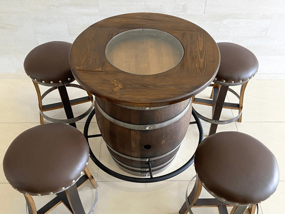 Table Top with Glass Center for Whiskey or Wine Barrel, Reclaimed Rustic, Elegant Style, Hand Wire Brushed Solid Wood -