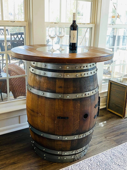 Table Top with Glass Center for Whiskey or Wine Barrel, Reclaimed Rustic, Elegant Style, Hand Wire Brushed Solid Wood -