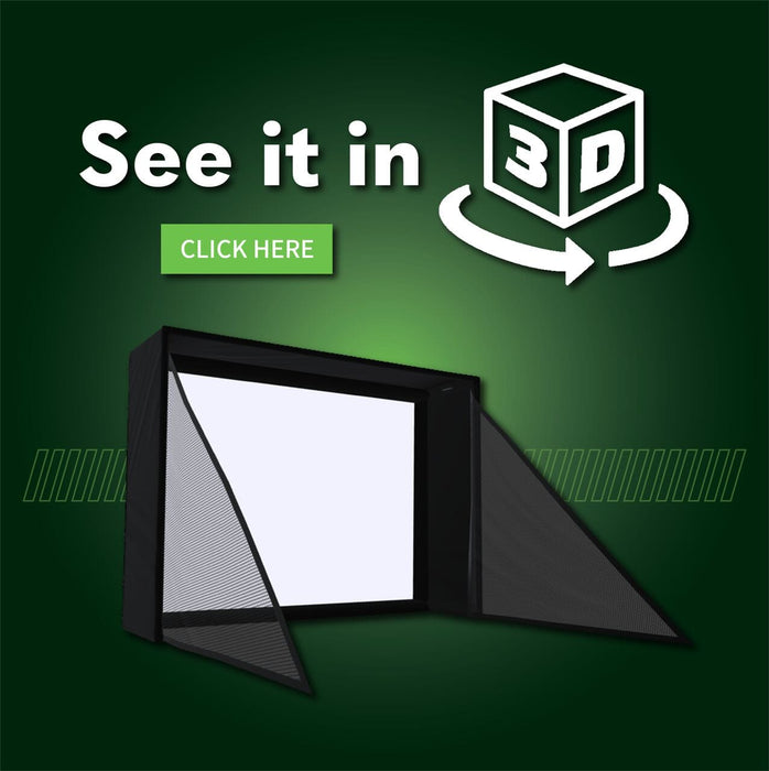 Golf Simulator booth with 'See it in 3D' text and a green button on a dark green background