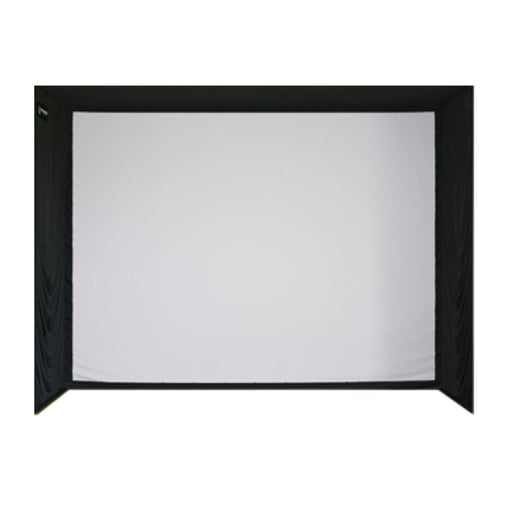 Golf Simulator Booth with white screen and black walls on white background