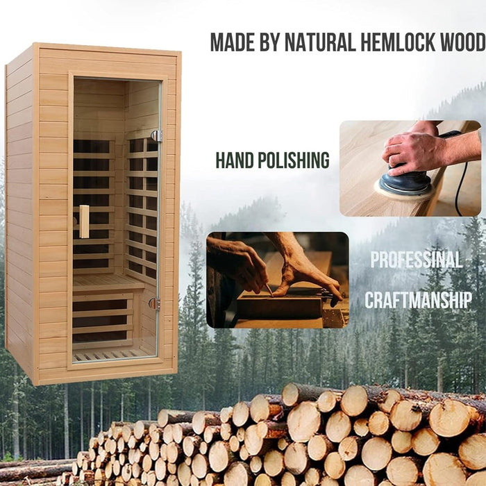 Premium 1-Person Indoor Low EMF FAR Infrared Heat Hemlock Wood Personal Home Spa Sauna, 1200W (SAK27463)
