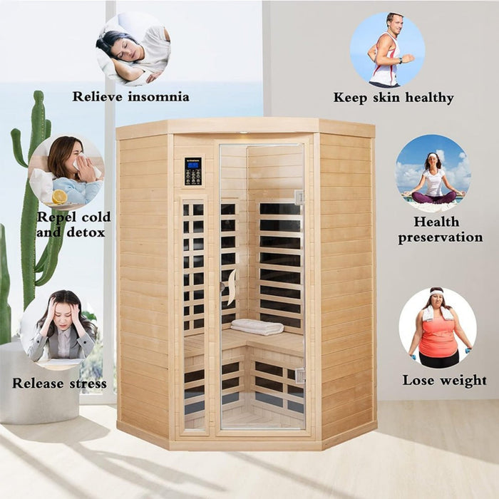 Premium 2-Person Corner Space Infrared Wooden Sauna Room With Bluetooth Speakers, 1600W (SAK81524)