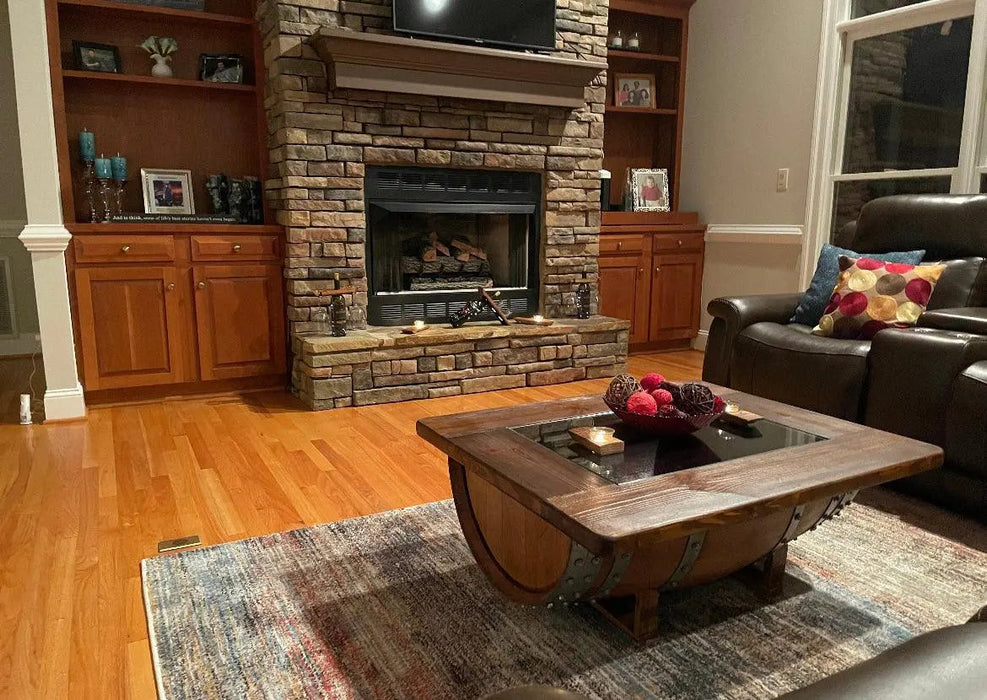Barrel Coffee Table With Removable Glass Top - Wine/Whiskey/Bourbon Barrel Storage Table - Rustic Furniture