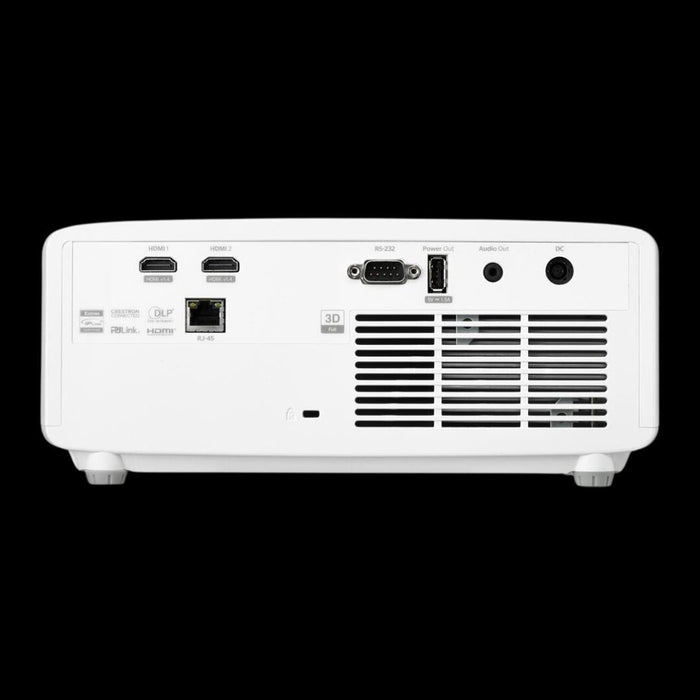 White projector with multiple ports on a black background